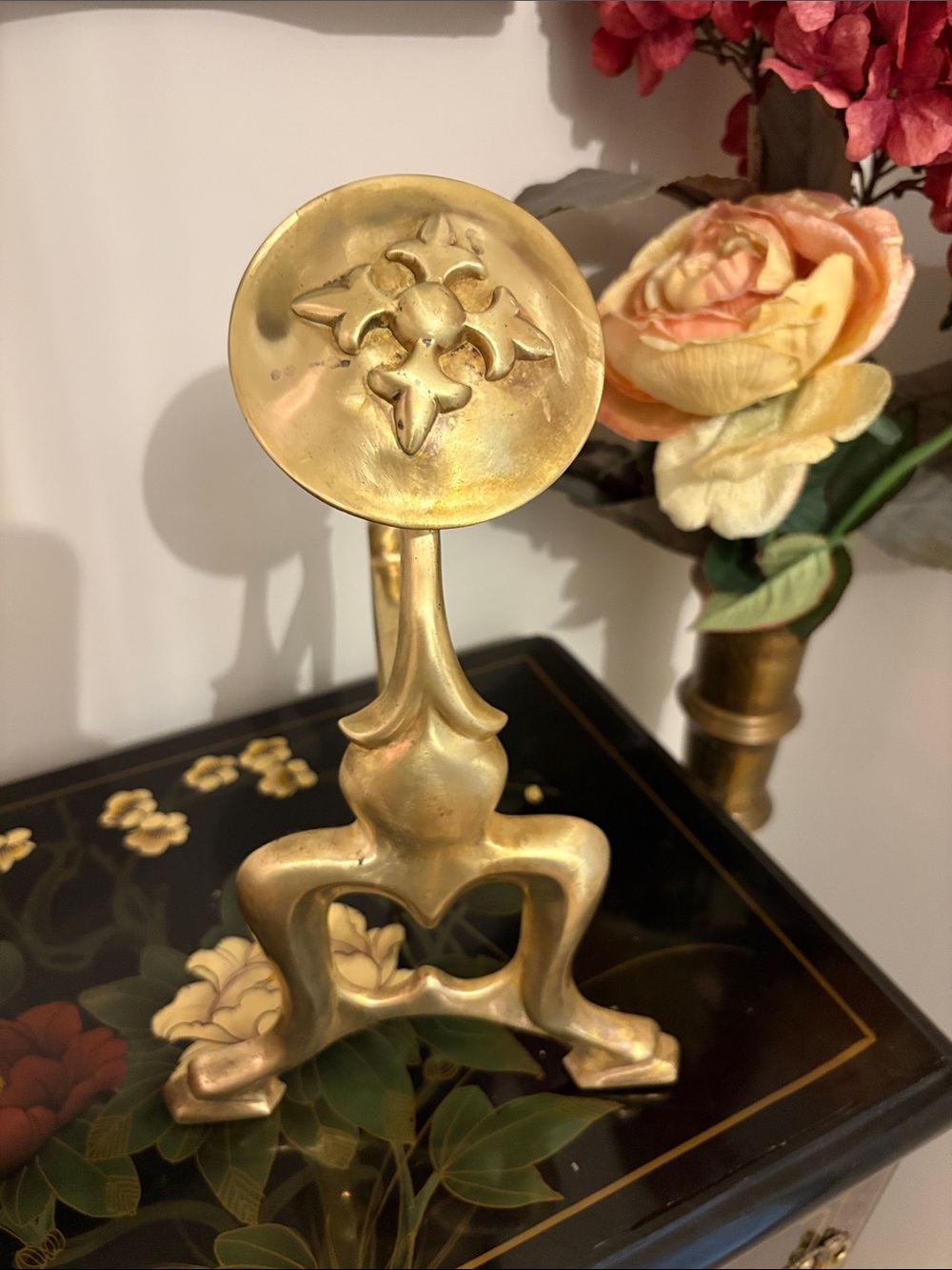 Antique Brass Andiron Fire Dog SINGLE Victorian Art Nouveau Repoussé Floral